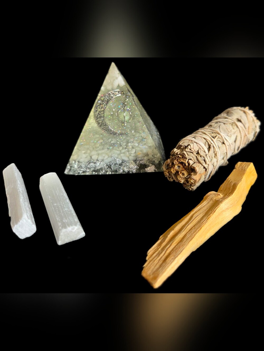 Handmade Resin Pyramid Cleansing Set with Sage & Palo Santo - Selenite Sticks
